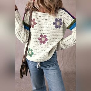 Floral Patterned Cream Crochet Sweater